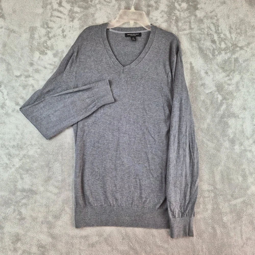 Banana Republic Mens Gray Silk Cashmere Cotton V Neck Luxury Blend Sweater M